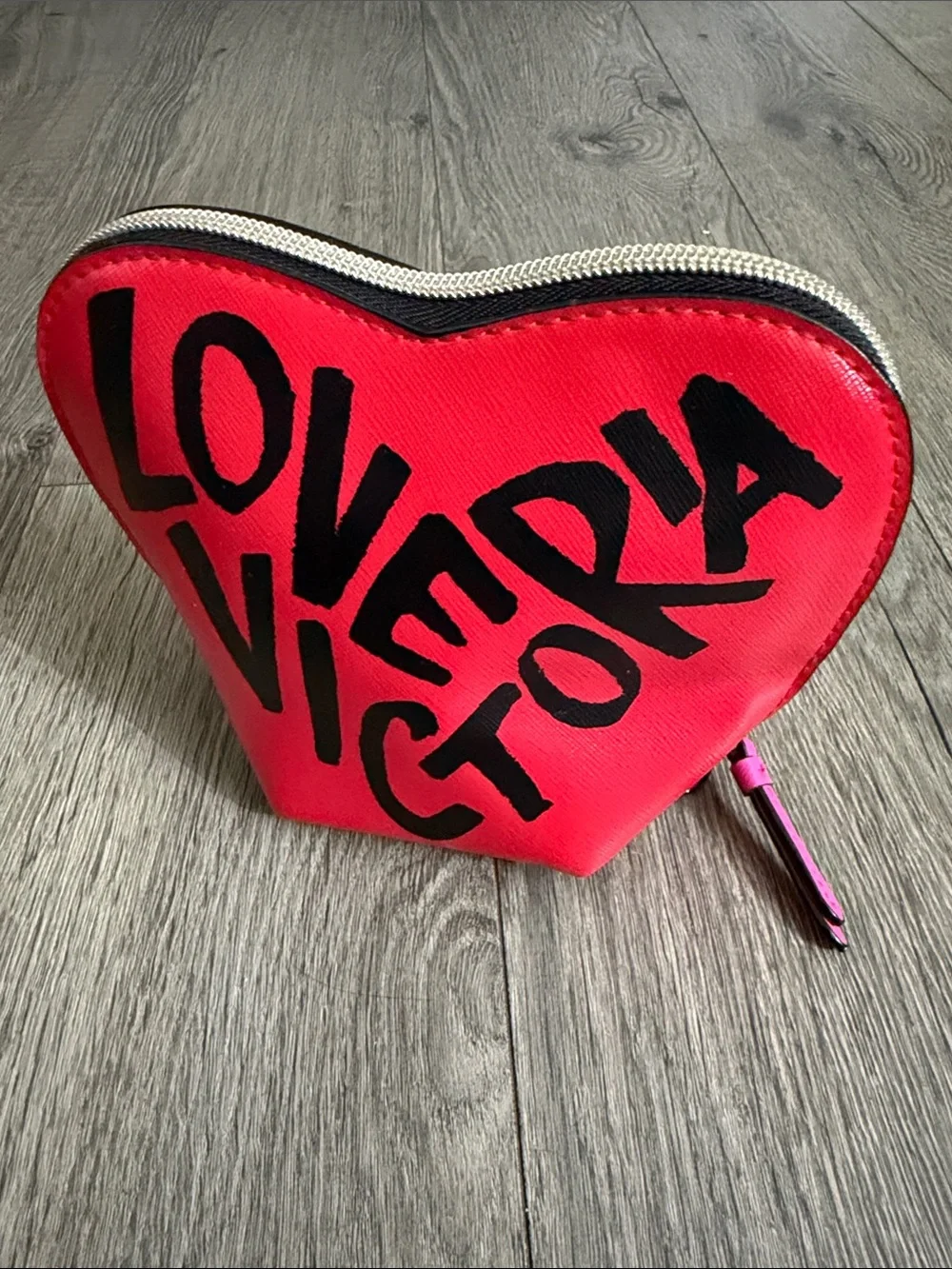 Victoria's Secret Hot Pink Heart Cosmetic Pouch with Black Graphic NEW